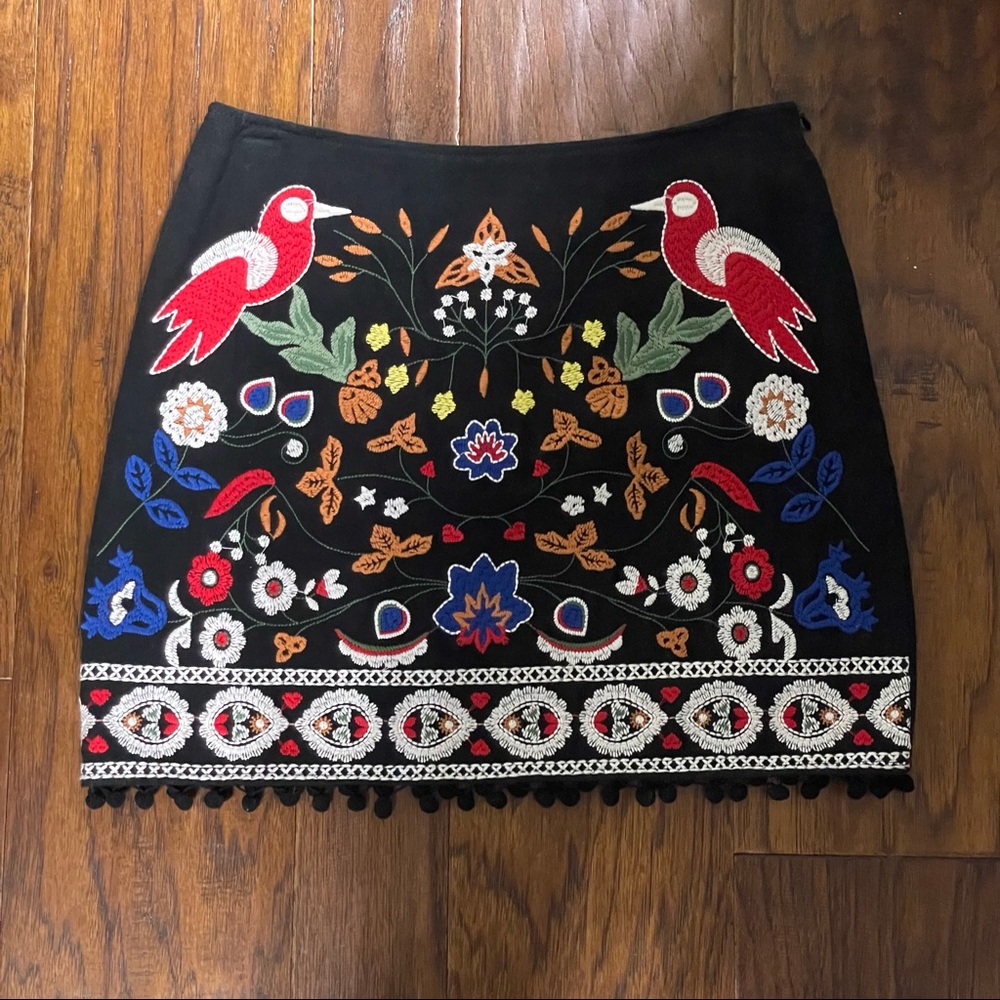 Embroidered Black Mini Skirt with Poms